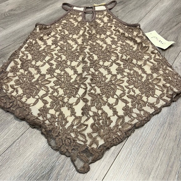 Pinc Women's Small Brown Lace Symmetrical Tank Top Chest & Back Window NWT - Picture 3 of 12